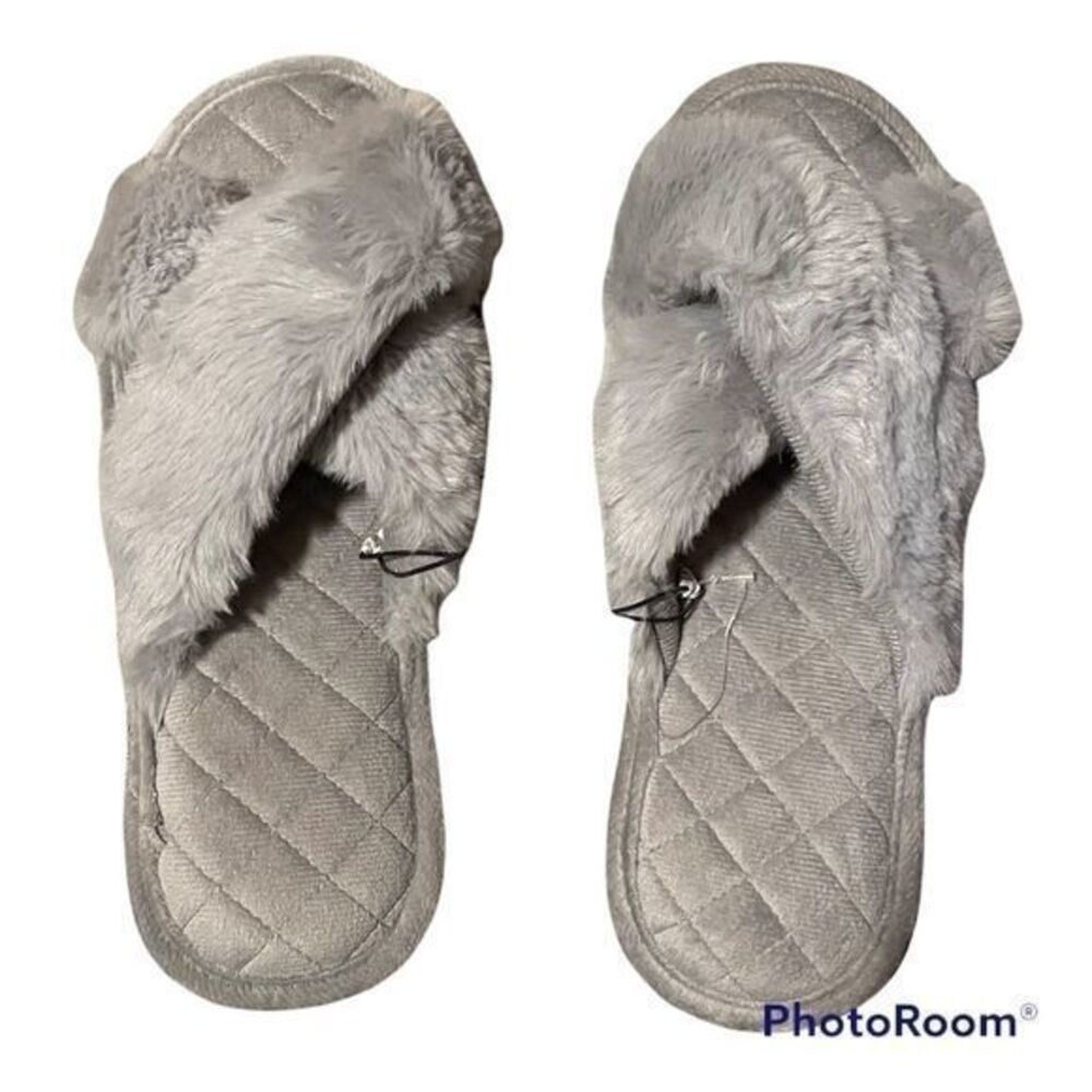 George Slippers Womens Size L (9 - 10) Grey Plush Soft Slide Slip on